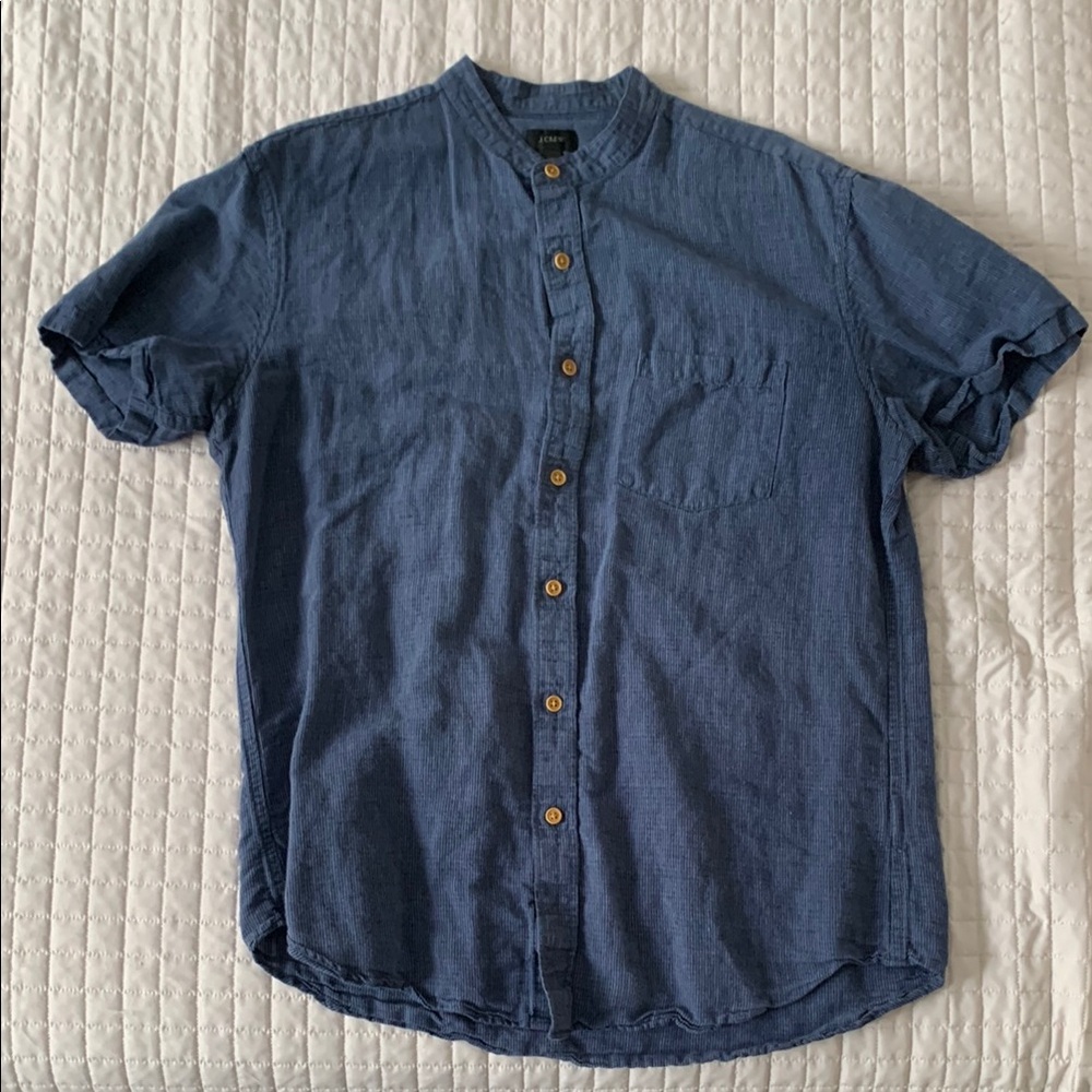 J. Crew Blue and White Stripe Cotton/Linen Blend Band Collar Button Down, Medium